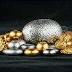 Pile of metallic stones in gold, silver, and leopard-patterned finishes arranged on a dark surface with a large central silver rock and braided rings nearby
