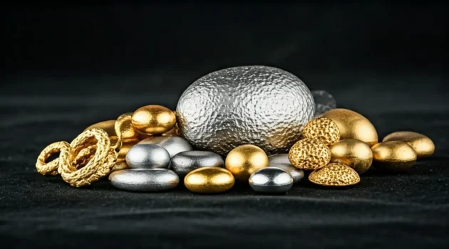 Pile of metallic stones in gold, silver, and leopard-patterned finishes arranged on a dark surface with a large central silver rock and braided rings nearby